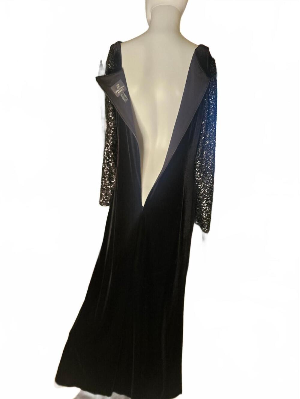 Adrianna Papell Black Velvet Evening Gown with Sequin Sleeves and Slit Sz 14 - Picture 7 of 9